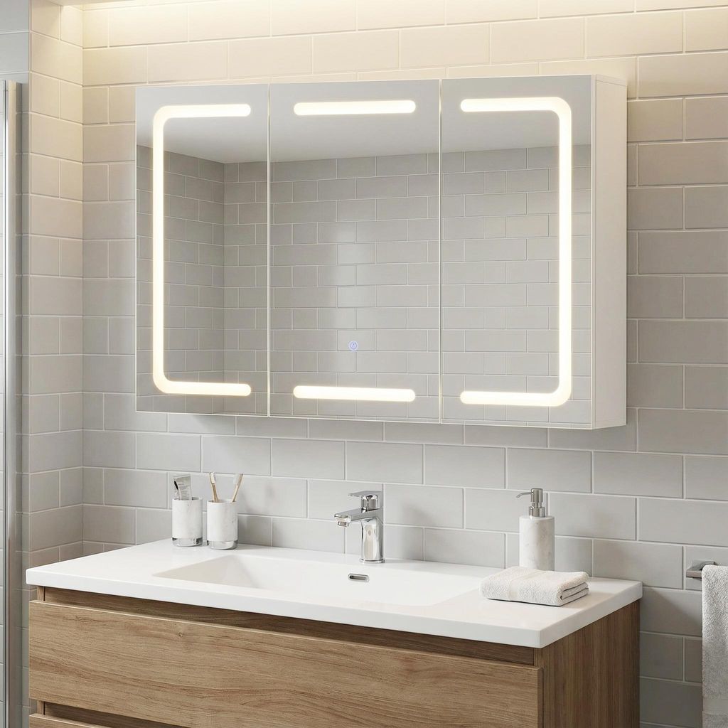 GIHAUVIA Spiegelschrank Bad LED mit 3 Farben Beleuchtung 90x60x14 cm Touch 3-türig Rasiersteckdose Badezimmerspiegel-Schrank