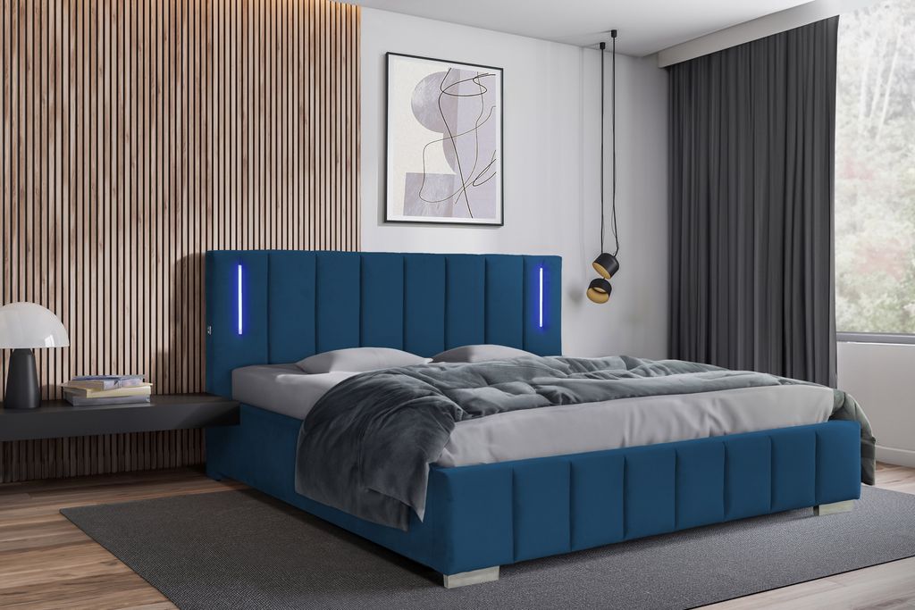 Polsterbett 200 x 200 cm mit Bettkasten und Matratze Lattenrost, Bonellmatratze H4, LED-Beleuchtung Velours Blau Ankona
