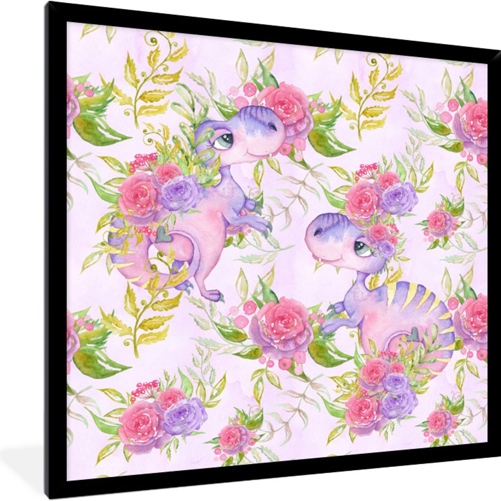 MuchoWow Gerahmtes Poster Kinderzimmer - Lila - Dinosaurier - Mädchen - Kinder - Rosa 40x40 cm - Poster mit Schwarzem Bilderrahmen Wandposter Ra...
