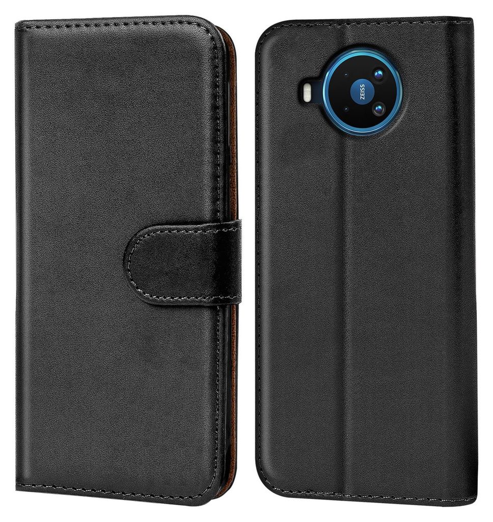 A black book-style phone case is shown open and closed, displaying the interior and exterior.