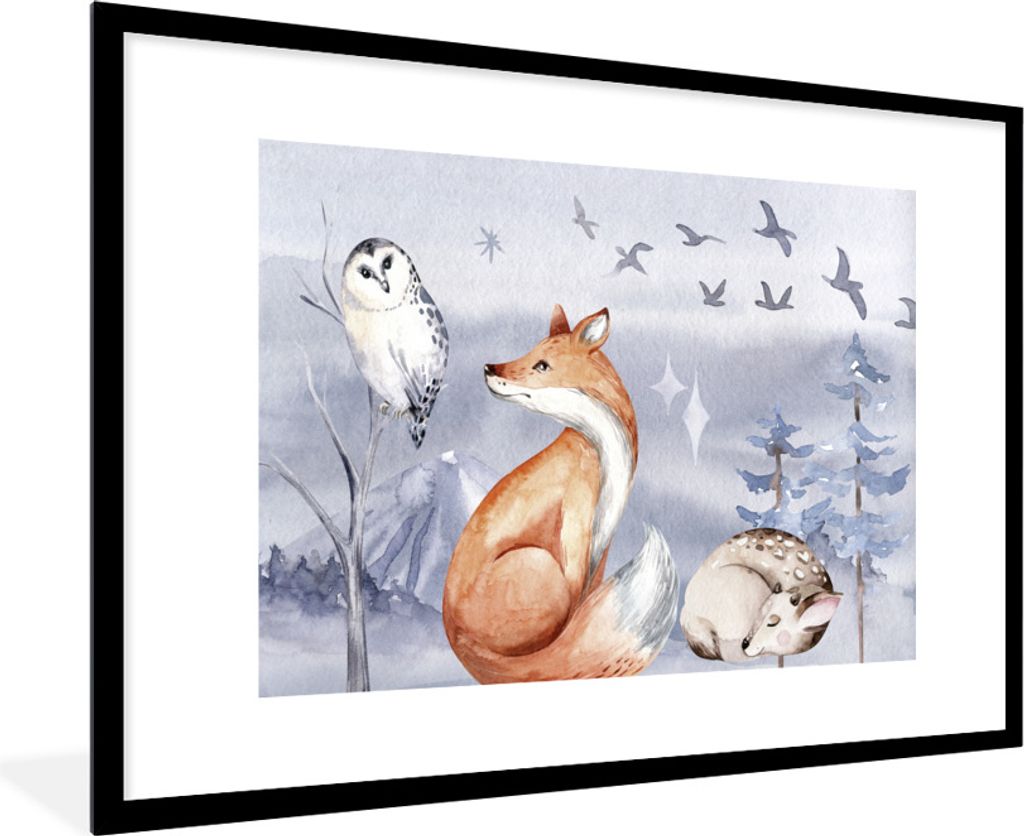 MuchoWow Gerahmtes Poster Winter - Eule - Hirsch - Fuchs 90x60 cm - Poster mit Schwarzem Bilderrahmen Wandposter Rahmen Foto Bilder - Wanddekorat...