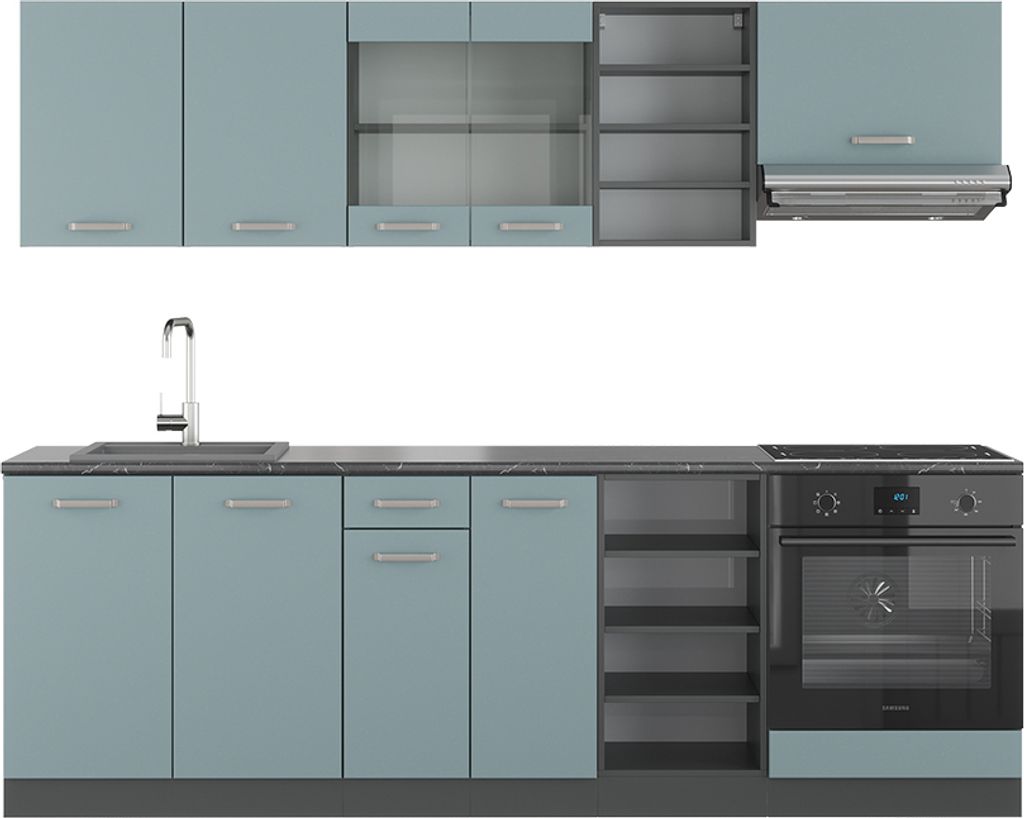 Küchenzeile Vicco R-Line Blau-Grau/Anthrazit 240 cm , AP Anthrazit, Model 42985