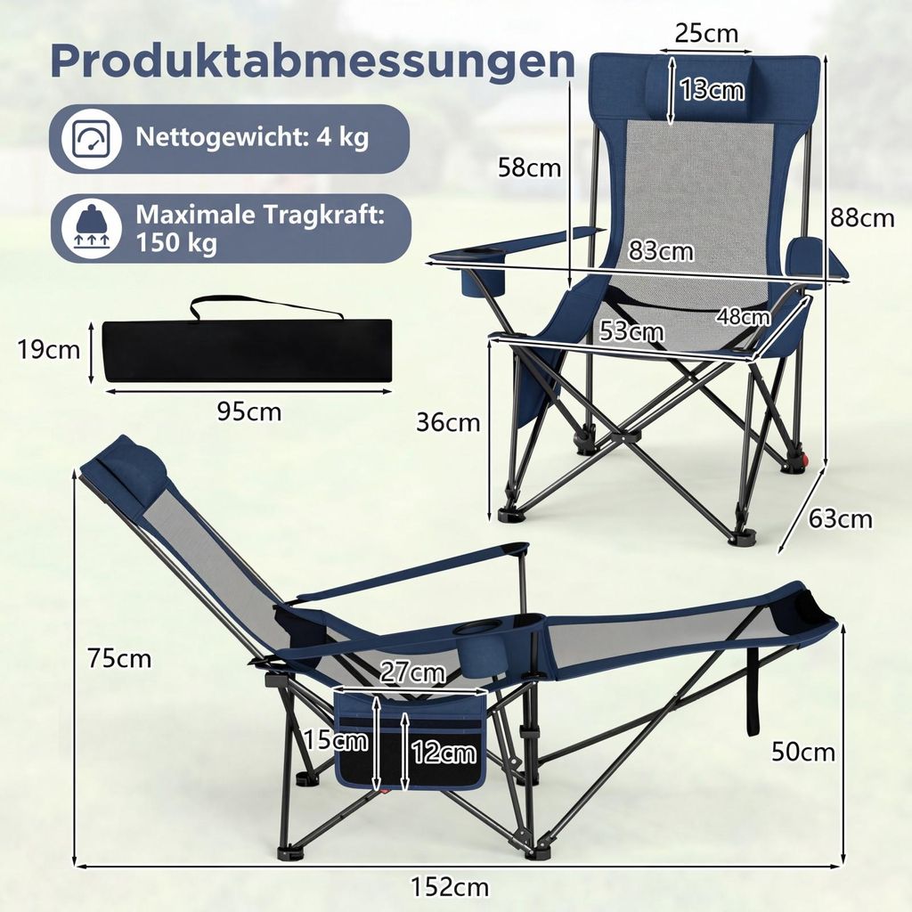 Laneetal Campingliege Laneetal Campingstuhl Mit Fußablage – Klappbare Liege Aus 600D Oxford, Blau, 160x84x44 Cm