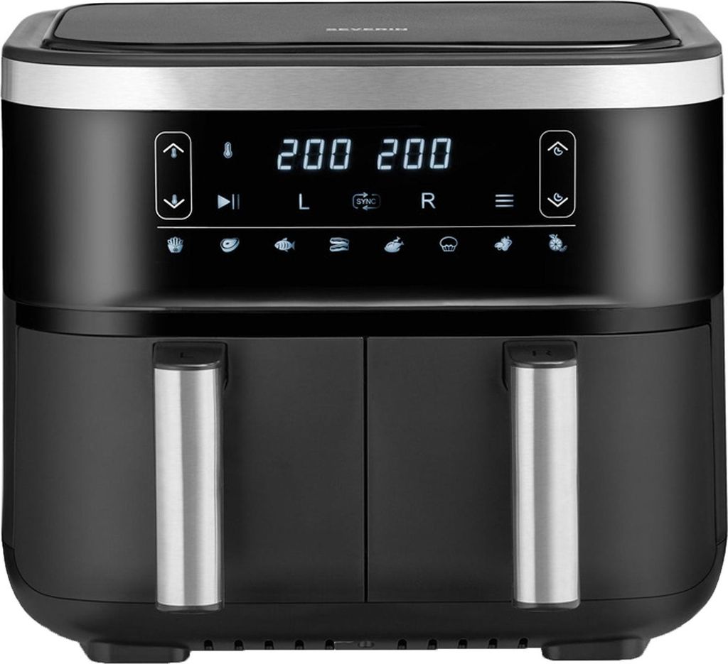 A digital image of a black and silver double air fryer.