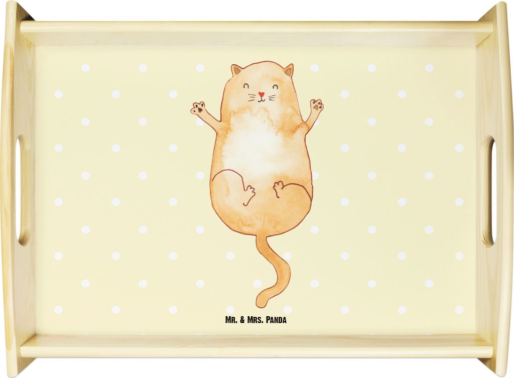 Mr. & Mrs. Panda Tablett Katze Umarmen - Gelb Pastell - Geschenk, aus holz, serviertablett, Dekotablett, Freundin, Cat, Cats, Deko, Katzen