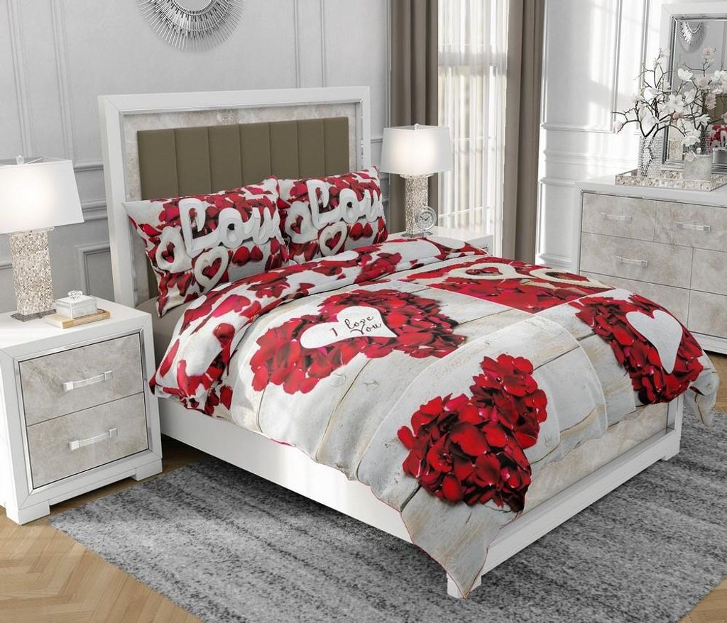 Bettwäsche 200x220 cm + 2x70x80 cm, 3-teilig, 100% Baumwolle, Satin, Reißverschluss, Herzen, Rot - SOVIO | So.0020