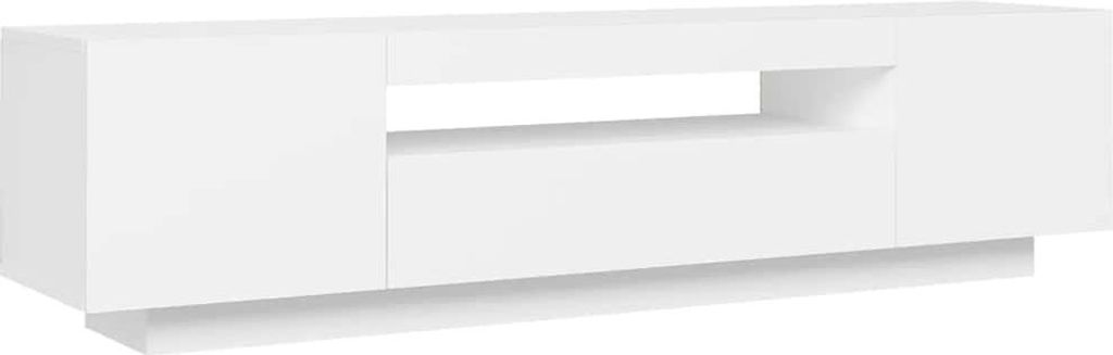 A white TV stand with a central open shelf and two closed cabinets on the sides, presented on a white background.