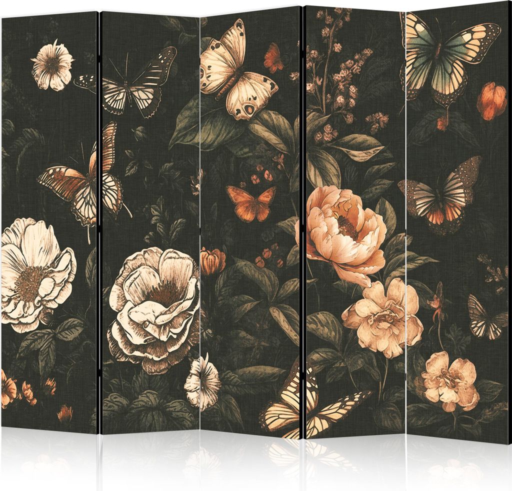 5-teiliger Doppelseitiger Vlies Paravent - Mysterious Garden - Butterflies Flying Over Flowers - Rustic Evening 225x172 cm Blumen b-H-10019-z-b
