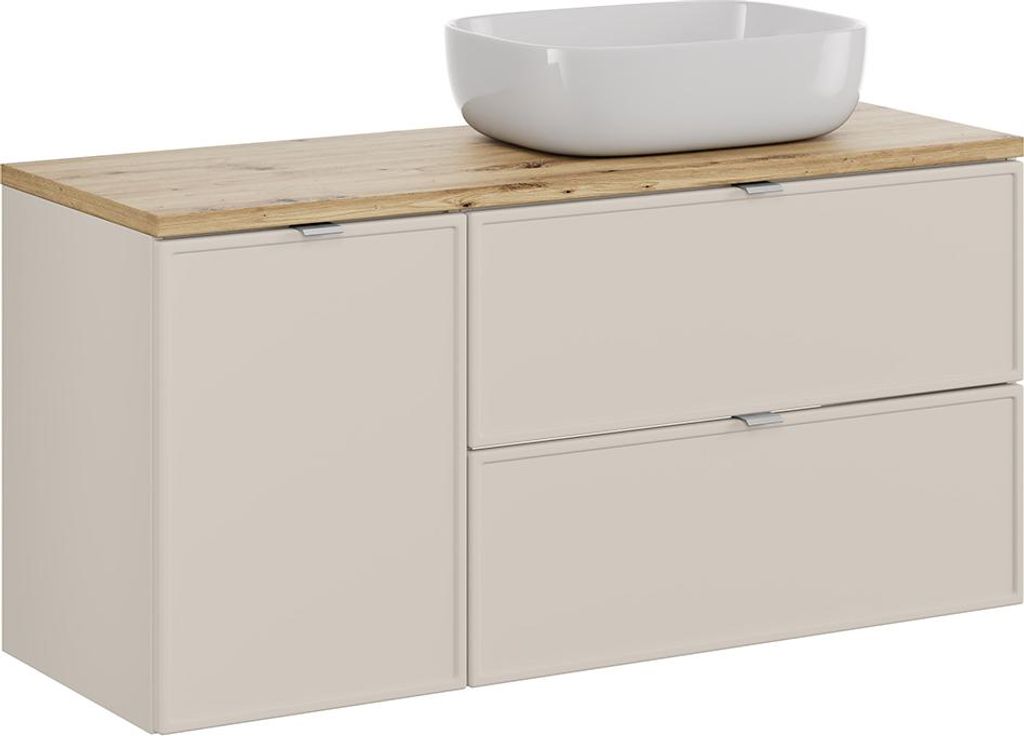 Badezimmer-Waschtisch 120 cm in Kaschmir & Eiche mit Wäschekorb & Aufsatzwaschbecken - BIBIONE-56