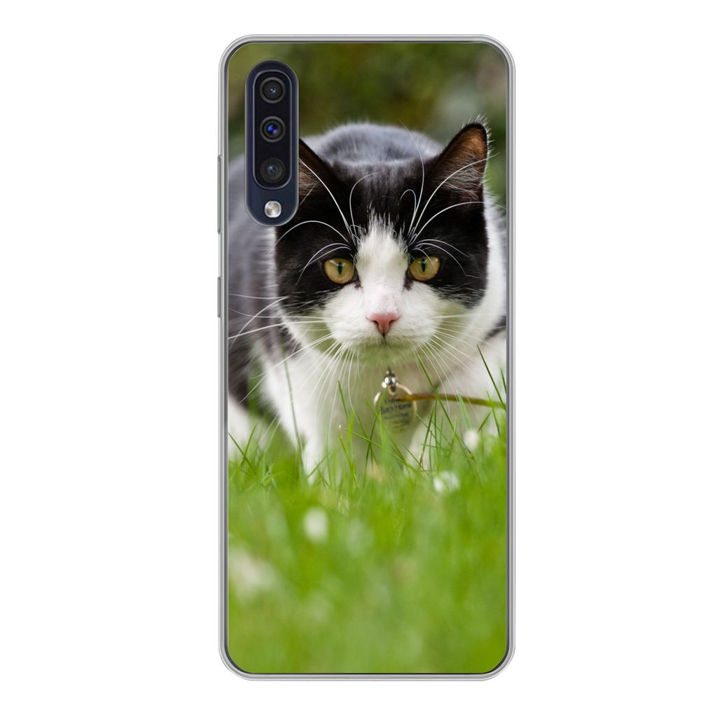 MuchoWow Handyhülle Schutzhülle Hülle für Samsung Galaxy A50 Katze - Gras - Schwarz - Weiß - Mädchen - Kinder - Jungen - Kinder Silikon Sof...