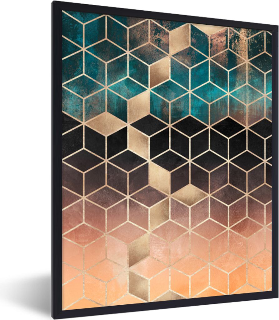 MuchoWow Gerahmtes Poster Abstrakt - Würfel - Gold - Muster - Luxus 60x80 cm - Poster mit Schwarzem Bilderrahmen Wandposter Rahmen Foto Bilder -...