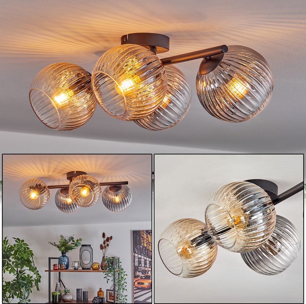 Fossobiubo Deckenlampe aus Metall/Riffelglas in Schwarz/Rauch/Bernstein/Klar