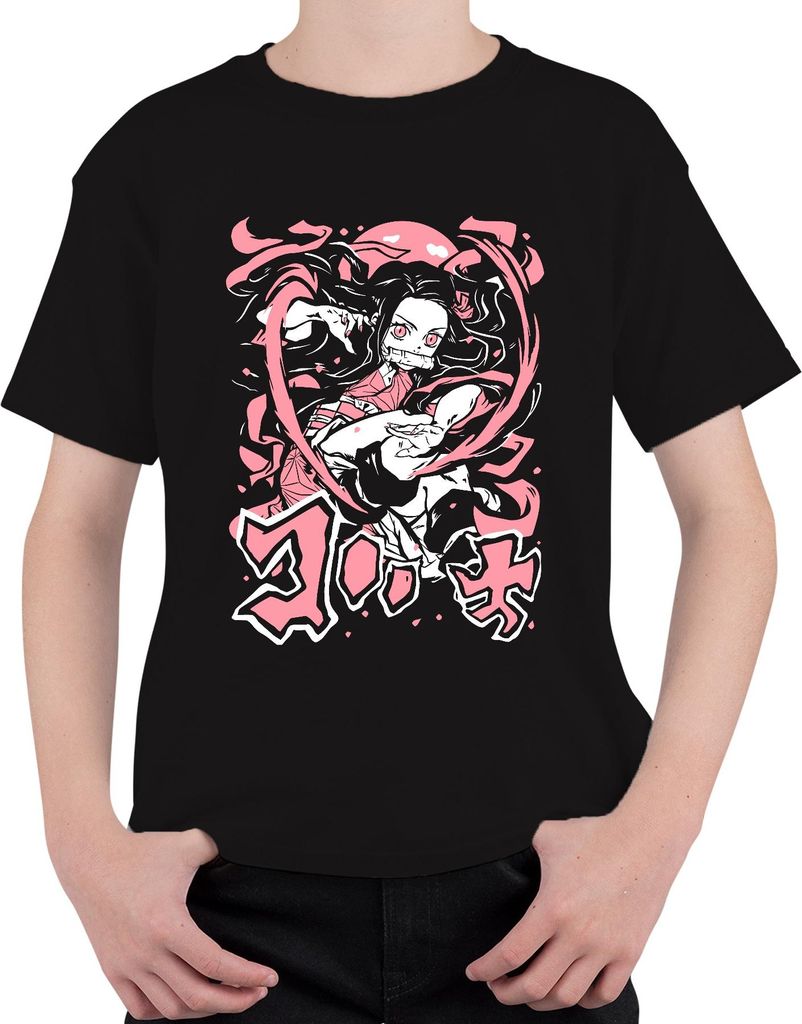 Nezuko Kimetsu no Yaiba Dämonenmädchen Bambus Kampfpose Rosa Uni Kinder T-Shirt, Schwarz, 128