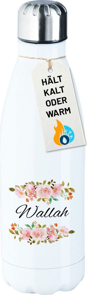 Huuraa Trinkflasche Wallah arabisch Blumen 500ml White Edelstahl Wasserflasche Trinkflasche Geschenkidee