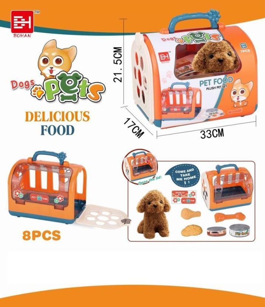 Koffer-Plüschhund-Set mit Zubehör, Knochen, Futter, Aufklebern
