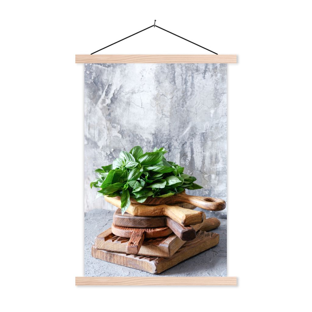 MuchoWow Textilposter Schneidebrett - Gewürze - Weiß 60x90 cm mit holzfarbenen Rahmen - Textil
