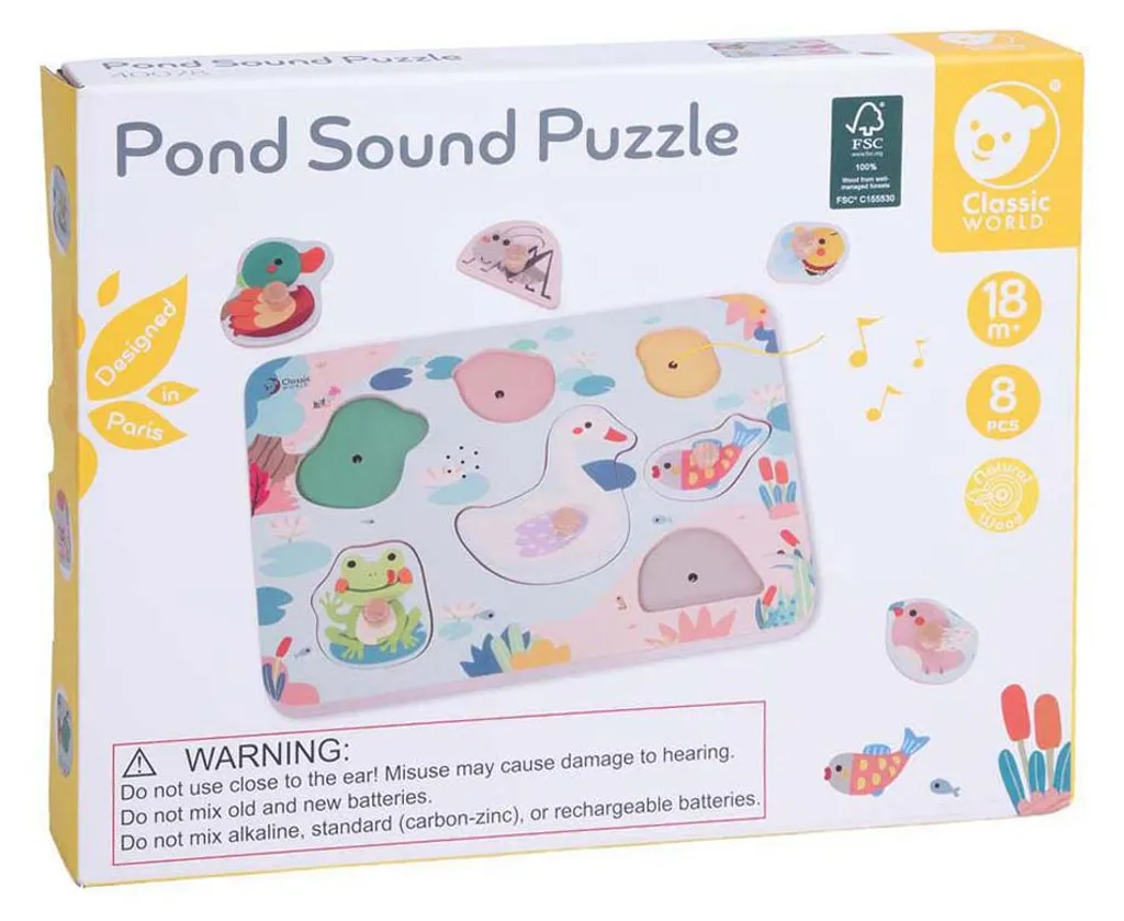 Puzzle Sonore Bébé Thème Étang en Bois pour Apprendre les Cris Animaux