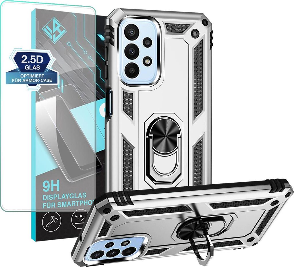 Armor Outdoor Handyhülle für Samsung Galaxy A23 5G Handy Panzer Case Schutzhülle mit 9H Displayglas Displayschutz Farbe: Silber
