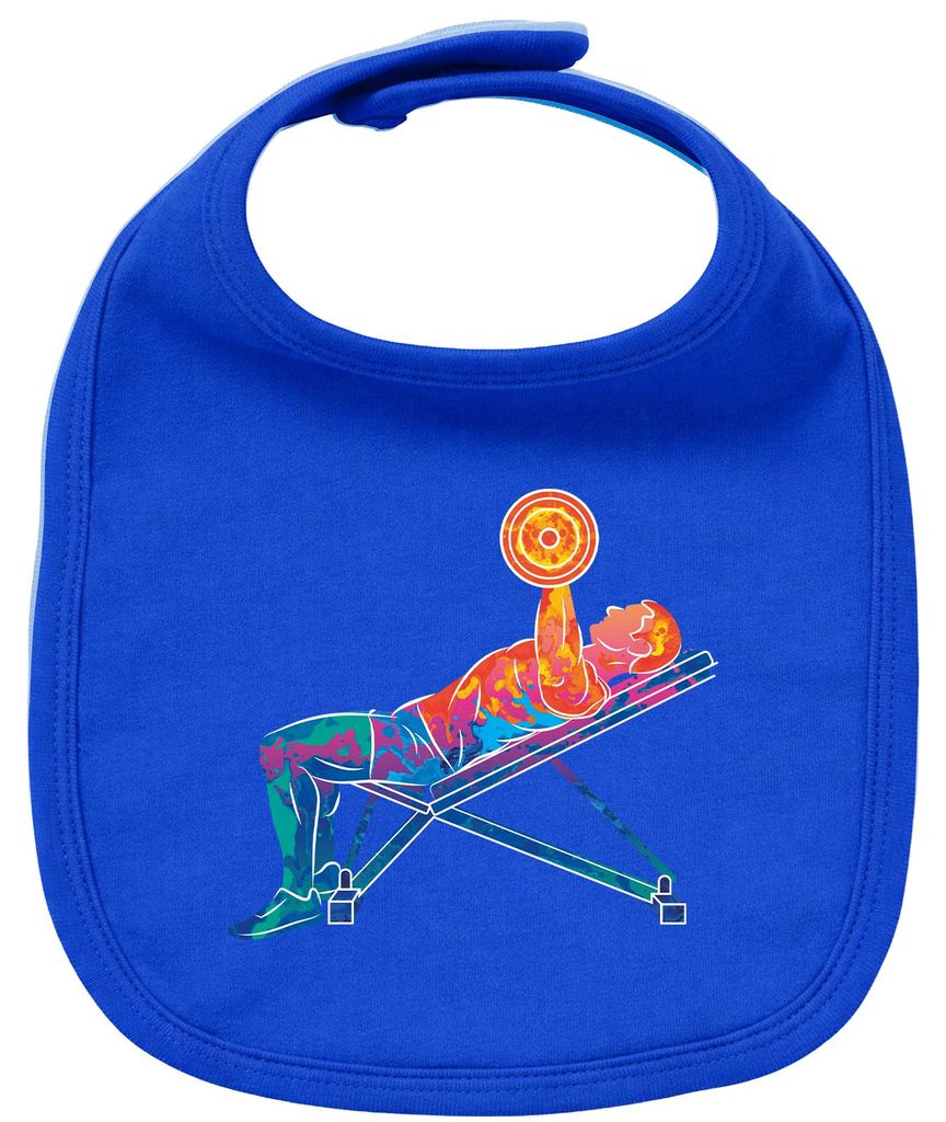 Huuraa Baby Lätzchen Fitness Training Bench Press bunte Silhouette Royal Blue Klettverschluss Baumwolle Latz Geschenkidee