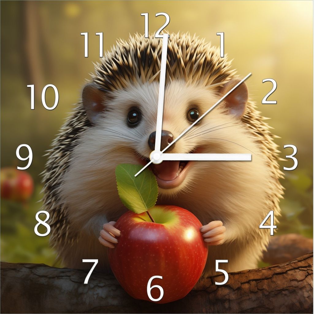 Wallario Design Wanduhr Lächelnder Igel mit Apfel aus Echtglas, Größe 30 x 30 cm