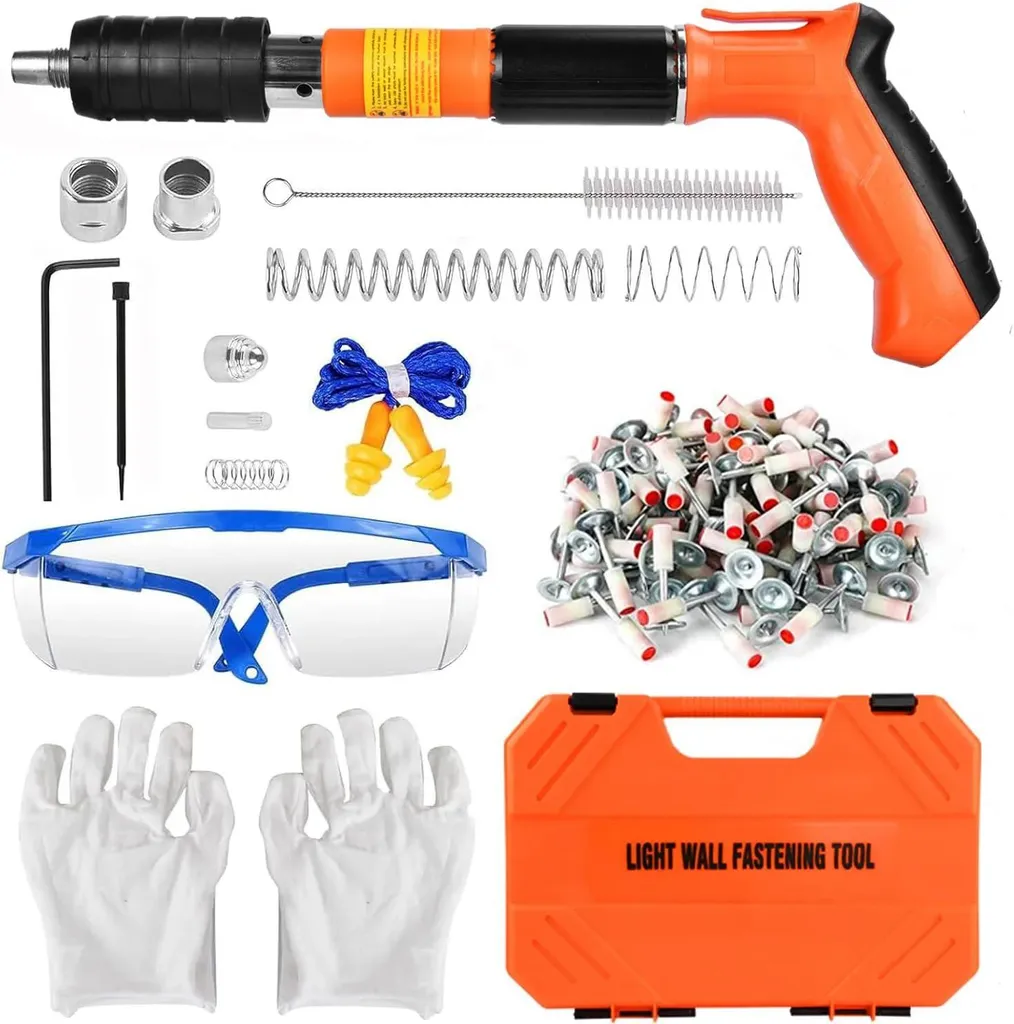Mini cloueuse pneumatique pour béton avec 220 clous et coffret orange