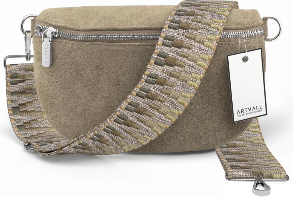 ARTVALL - Umhängetasche aus Wildleder, Klein mit verstellbarem Schultergurt, abnehmbares Taschenband, Crossbody Bag in Taupe