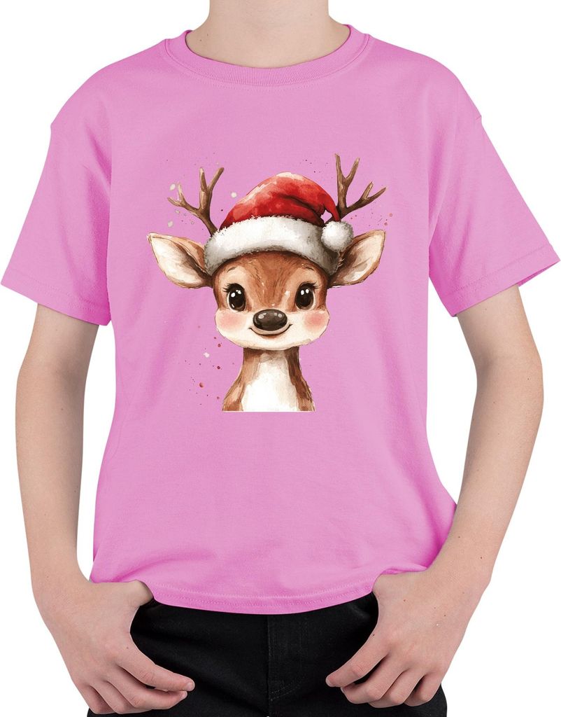 Weihnachtsrentier niedlich Aquarell Santa Hirsch Geschenk Uni Kinder T-Shirt, Pink, 104