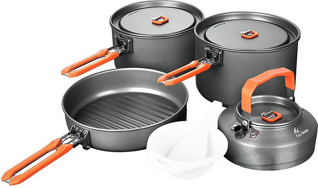 Outdoor-Kochtopf für Camping, Topfset für 3–4 Personen, faltbares Kochgeschirr und Töpfe, mit 0,8 l Teekanne (orangefarbener Griff)