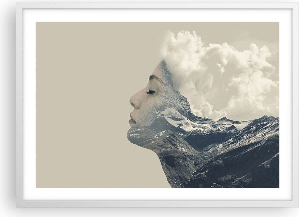 Gerahmtes Poster - Weißer Rahmen - Grafik Frau Berge - 70x50 cm - Wand Bild - Wanddeko - Wandbilder - Kunstposter - Wandposter - Bilderrahmen - Bi...