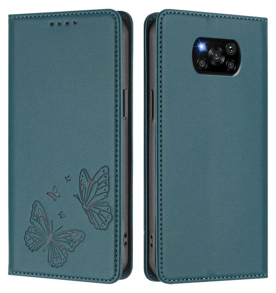 Lederhülle für Xiaomi Poco X3/Poco X3 NFC/Poco X3 Pro, Schmetterling Prägung Leder Brieftasche Schutzhülle mit Ständer Grün