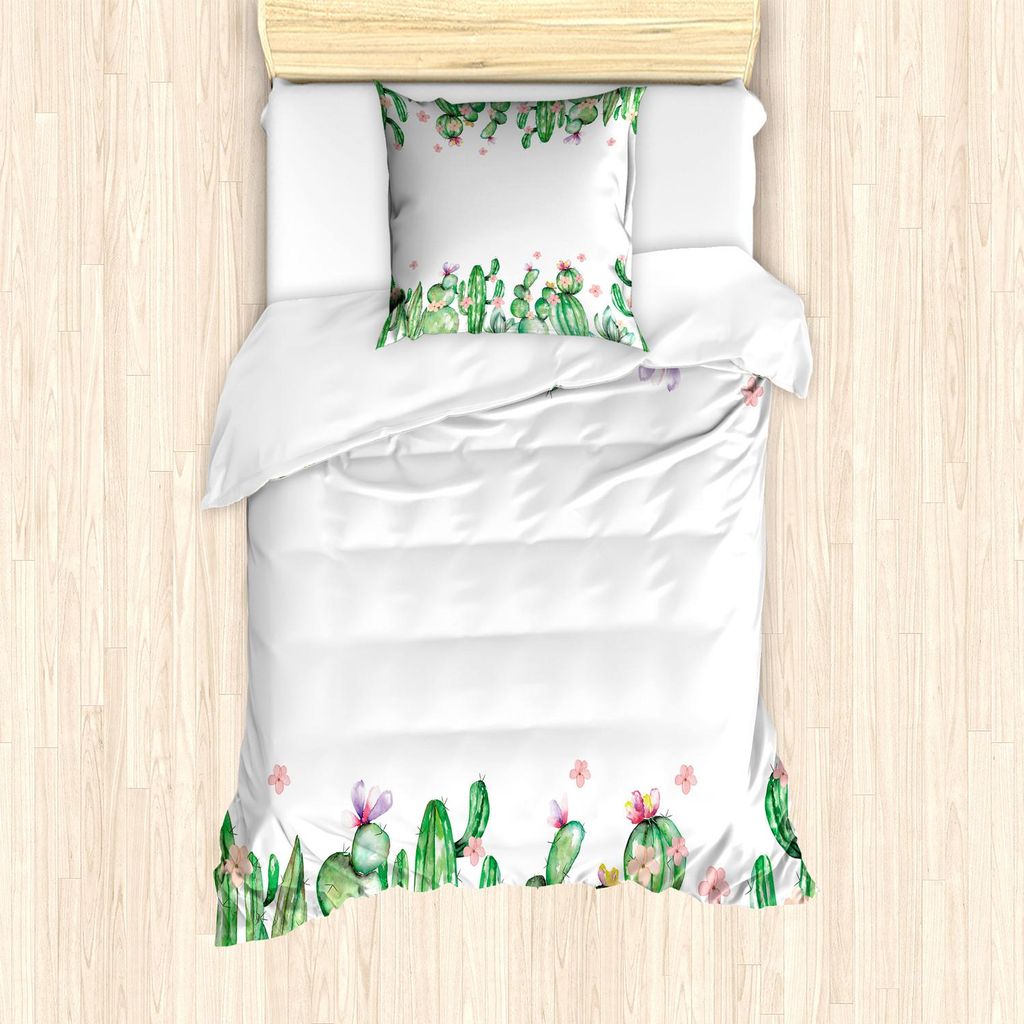 ABAKUHAUS Kaktus Bettbezug Set, Mexikanische Art-romantische zarte Blüten und unfruchtbare Heide-natürliche Vegetation, 135 x 200 cm + 80 x 80 cm...
