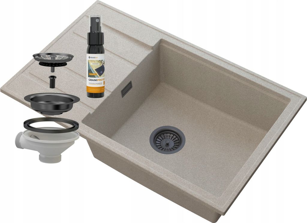 Granitan | Granitspüle LOUIS - Beige - Einbeckenküchenbecken mit Abtropffläche - Robuste Qualität