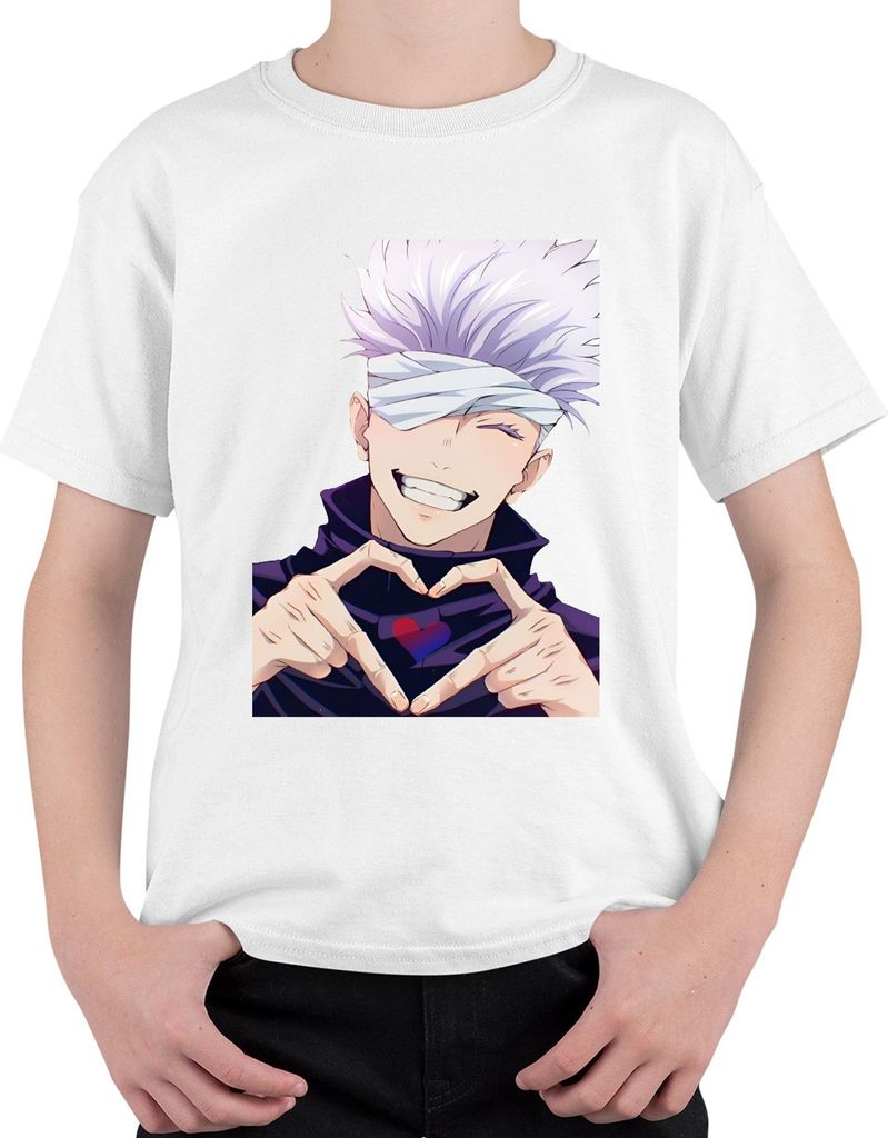 Jujutsu Kaisen Gojo Satoru Augenbinde Anime Ästhetik Herz Geschenk Uni Kinder T-Shirt, Weiß, 128