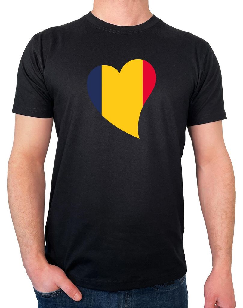 Huuraa Herren T-Shirt Tschad Flagge Herz L Black Bio Baumwolle Fairtrade Herrenshirt Geschenkidee