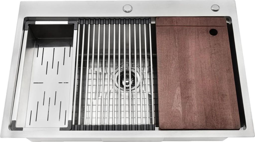 Küchenspüle - Workstation-Einbauspüle Einzelbecken - Edelstahl 304 - 83,82×55,88 cm - Tiefe 22,86 cm - Schneidebrett - Ohne Armatur - Silber