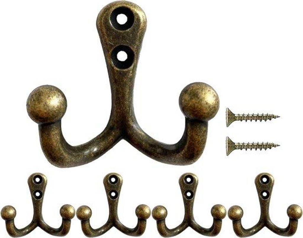 5 Stück schwere vintage Wandhaken - doppelte Metallhaken für Kleidung, Jacken, Badmäntel, Handtücher, Hüte, Schlüssel und Taschen, Bronze