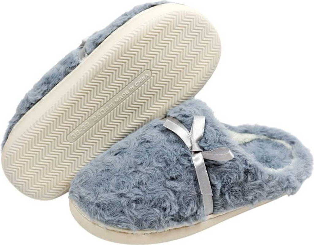 Damenpantoffeln mit Schleife – Bequeme und warme Hausschuhe in Blau-Grau, 40-41
