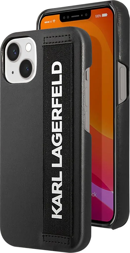 Coque Karl Lagerfeld iPhone 13 noire avec dragonne élastique chic