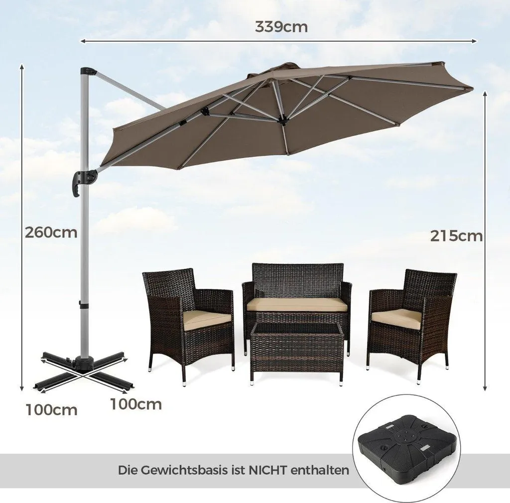 Grand Parasol de jardin excentré 330cm marron inclinable et rotatif