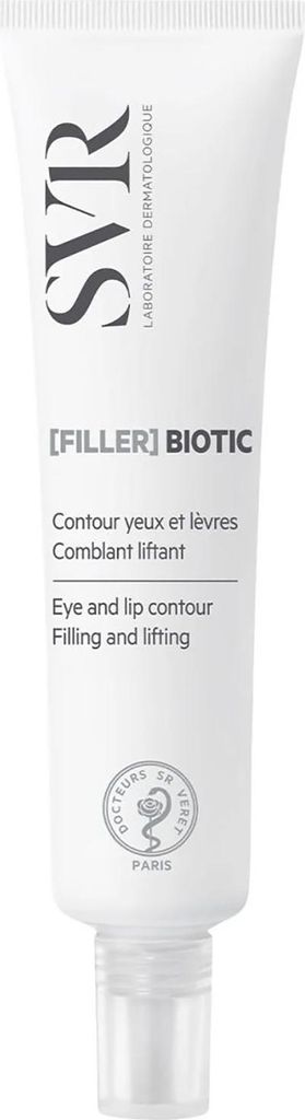 A white tube of SVR [Filler] Biotic eye and lip cream against a white background.