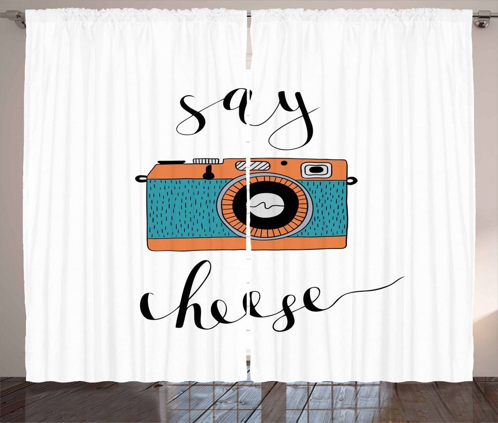 ABAKUHAUS Kamera Rustikaler Vorhang, Say Cheese Beschriftung Foto, Wohnzimmer Universalband Gardinen mit Schlaufen und Haken, 280 x 225 cm, Salmon ...