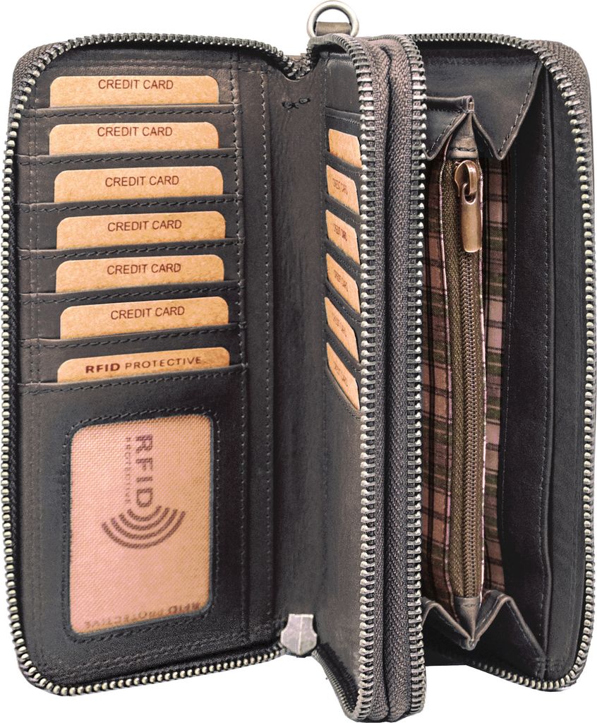 Benthill Damen Geldbörse Groß Leder RFID - Portemonnaie aus echtem Rindsleder - Geldtasche mit Doppeltem Reißverschluss - Geldbeutel mit vielen ...