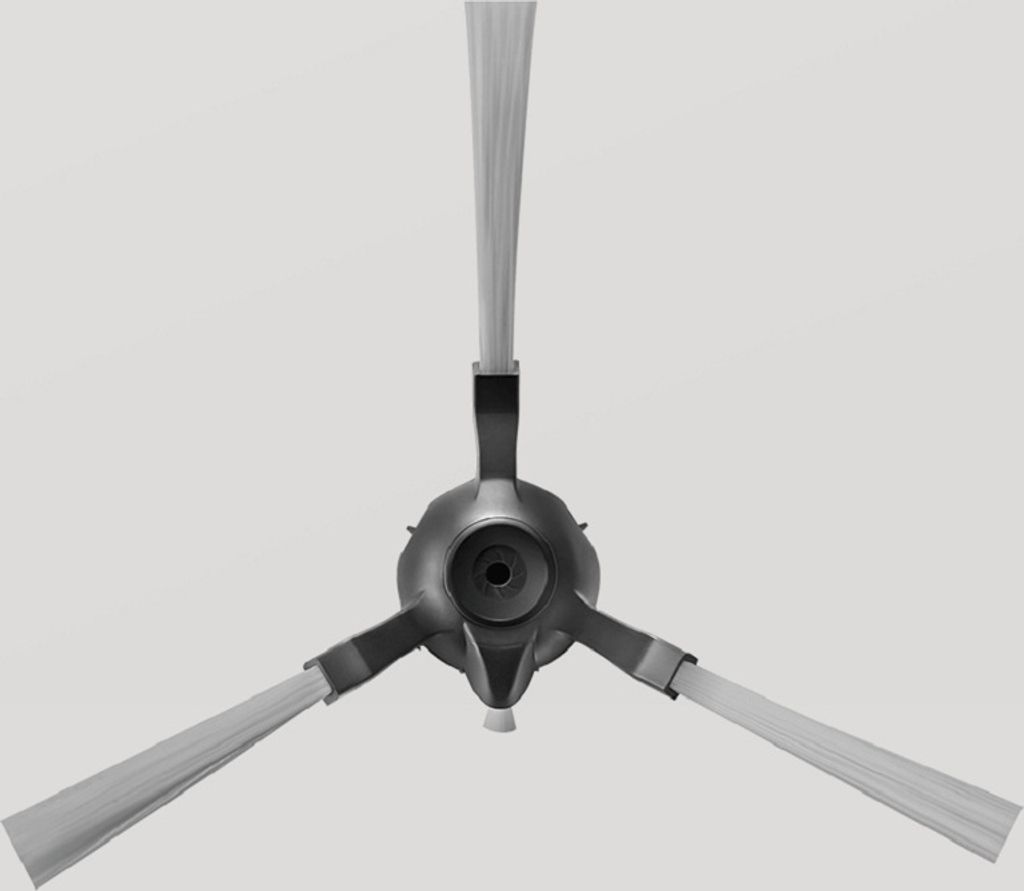 A close-up, top-down view of a robot vacuum cleaner's side brush assembly.