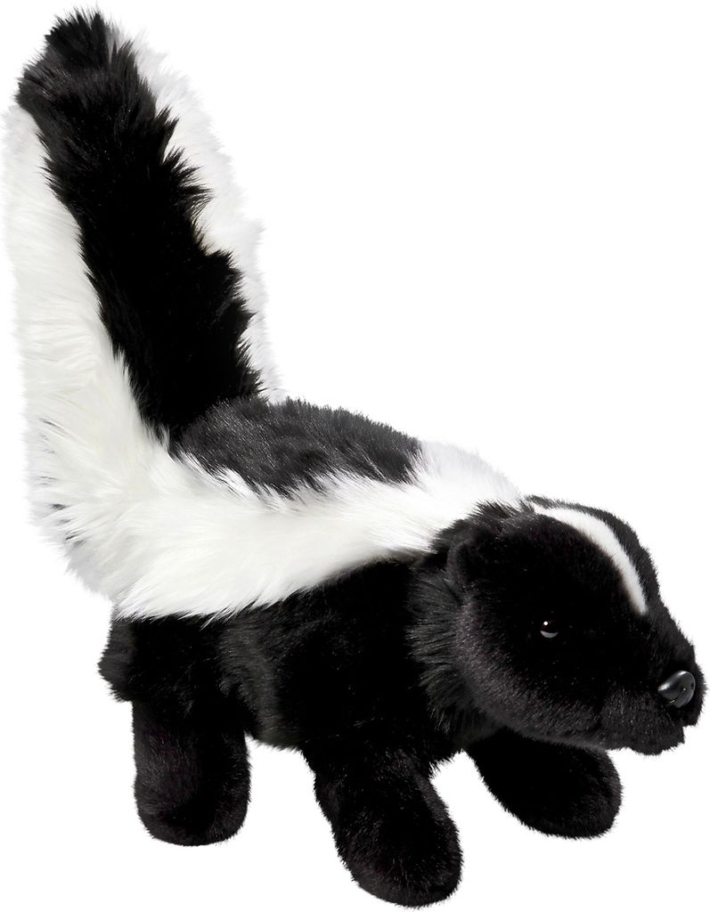 A plush toy skunk is shown against a white background.