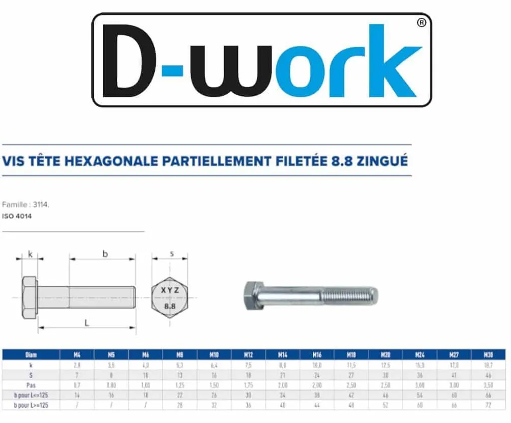 500 Vis Métaux Tête Hexagonale D-Work 4x30mm 8.8 Zingué Blanc 4014