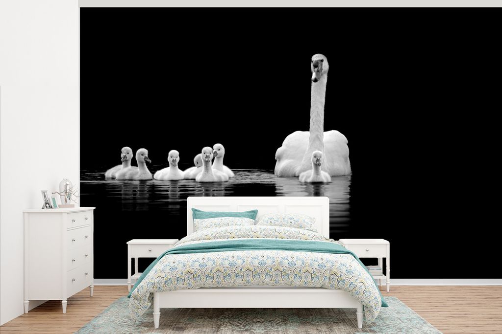 MuchoWow Fototapete für Wohnzimmer oder Schlafzimmer Wandtapete Vinyl Motivtapete Weißer Schwan und seine Küken - schwarz und weiß - 345x220 ...