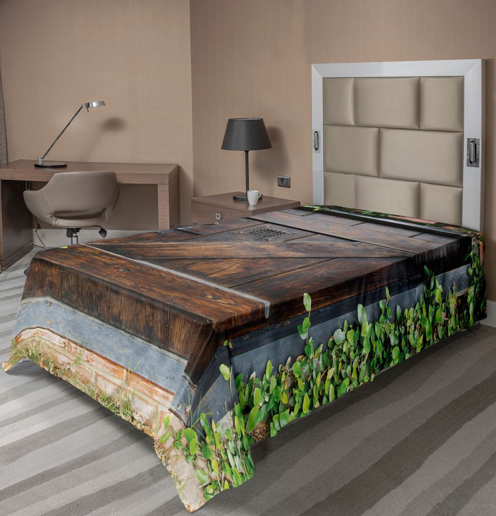 ABAKUHAUS Rustikal Bettlaken, Kleine Stil Dark Stained Wood Tür Geheimen Garten Mit Geriebenen Fenster Bild, weiches bequemes oberes Bettlaken fü...