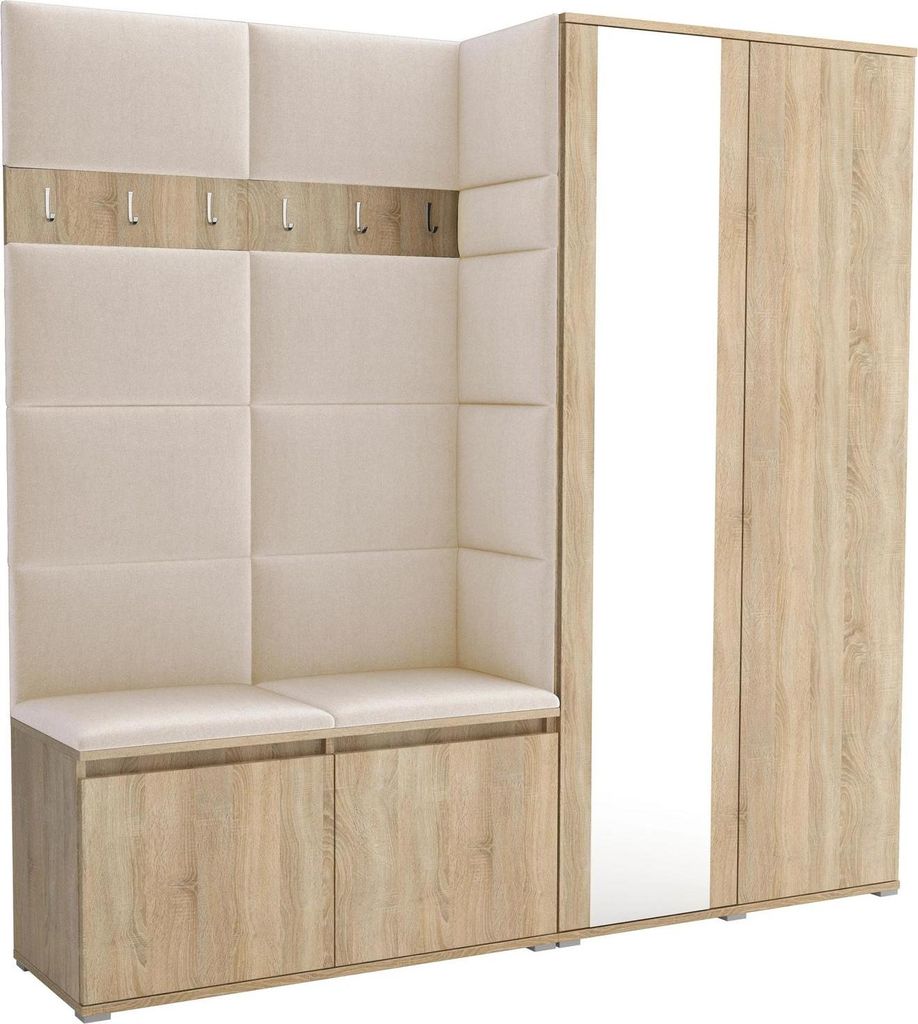 Garderoben-Set Noris IV mit Spiegel, gepolsterte Garderobe mit Sitzbank, Wandpaneelen und Stauraum (Farbe: Sonoma Eiche + Trinity 01)