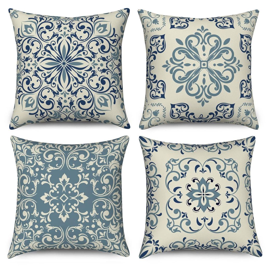 Kissenbezug 40x40 cm Blau Vintage Geometrisches Mandala Blumenmuster Dekorativer Kissenbezug aus Leinen Quadratischer Kissenbezug für Sofa, Bett, ...