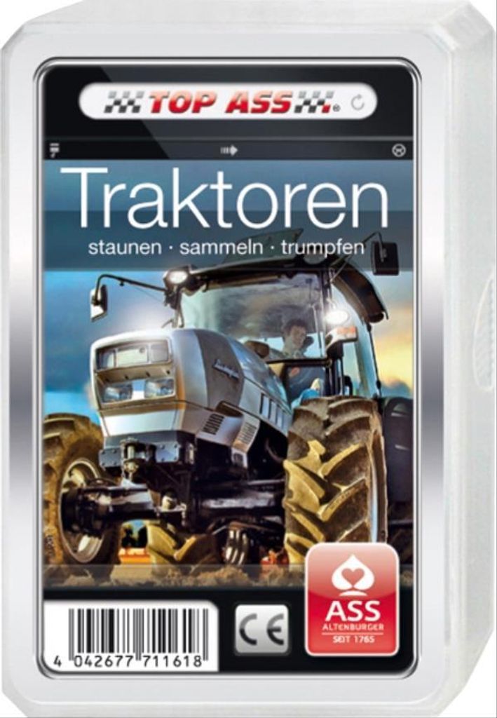 The image shows the front of a card game box featuring a tractor.